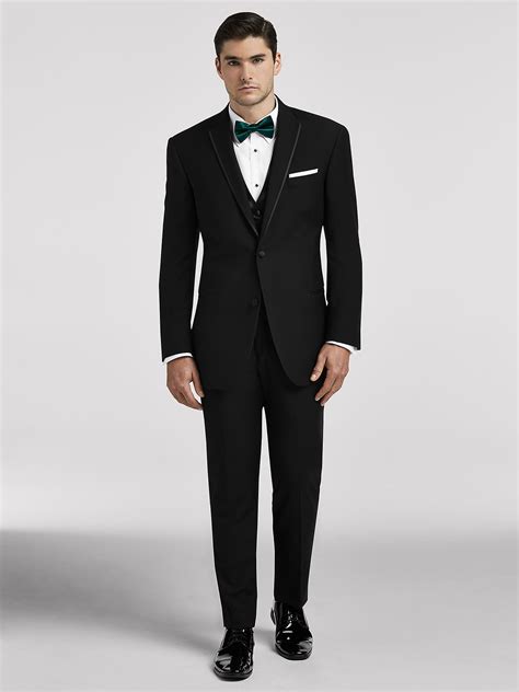 The black tux - Black or patterned bow tie, cap toe shoes or loafers. Wear It For: Formal events, black tie optional and creative black tie dress codes. MIDNIGHT BLUE TUXEDOAccessorize With: A wing tip or pleated shirt with french cuffs, black bow tie, and patent leather shoes, silk knot cufflinks and button studs. 